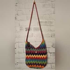 Hand-Crocheted Rainbow Zigzag Shoulder Bag – Zipper Works, Charm Added